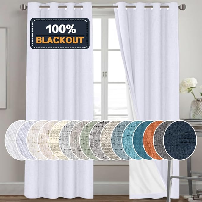 PrinceDeco White Blackout Curtains Linen Curtains 96 Inches Long 100% Blackout Room Darkening Curtains & Drapes with White Liner Faux Linen Fabric Window Curtain Panels for Living Room/Bedroom