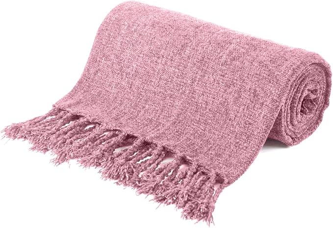 BATTILO HOME Chenille Throw Blanket for Couch, Soft Cozy Throw Blanket with Fringe Tassels, Lightweight Knitted Throw for Spring Summer, Pink, 50"x60"