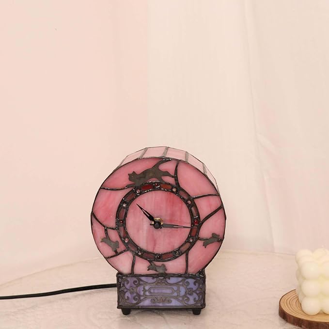 Bieye L10911 Cat and Mouse Tiffany Style Stained Glass Desk Clock Table Lamp for Home Decor (Pink)