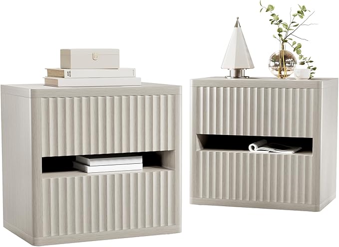 Dripex Fluted Nightstand Set of 2 with Drawers Storage, Large Wide Wood Night Stand Bedside Tables for Bedroom, Mid-Century Modern Bed Side Table, End Tables for Living Room Sofa Couch, Gray Oak
