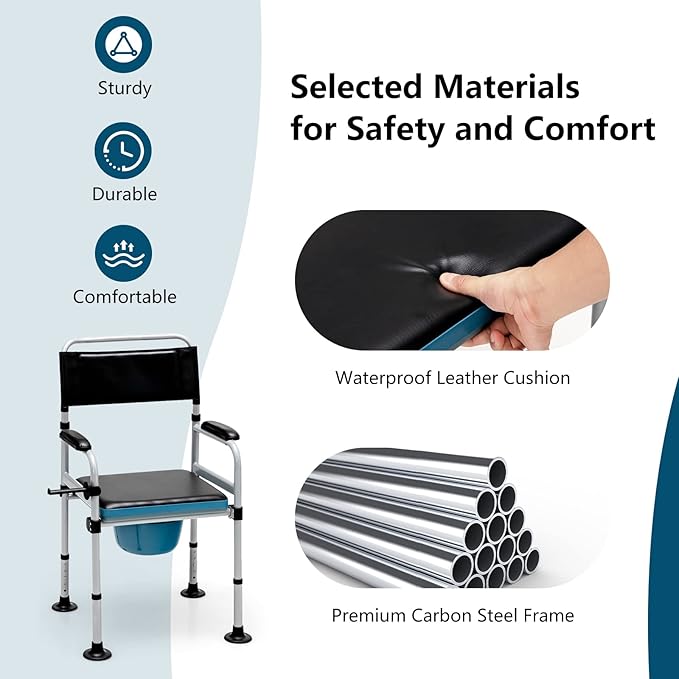 Goplus 4-in-1 Folding Bedside Commode, 440lbs Commode Chair for Toilet with Arms, Padded Seat, Height Adjustable Bedside Toilet, Shower Chair, Adult Potty Chair for Seniors Elderly Disabled Bariatric