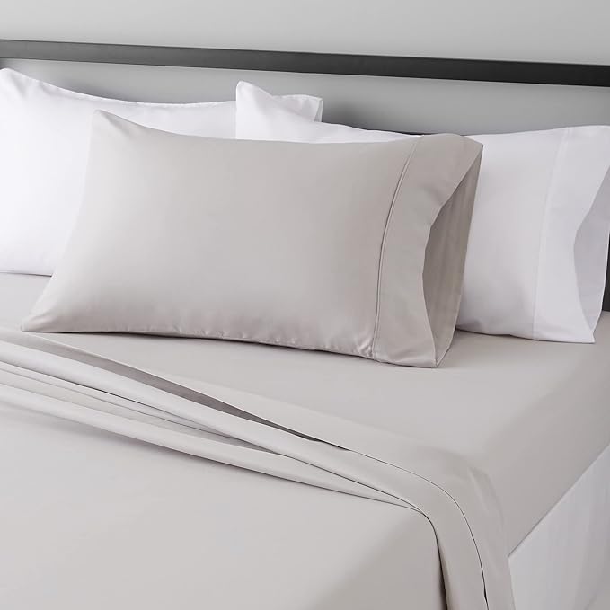 Amazon Basics Lightweight Super Soft Easy Care Microfiber 3 Piece Bed Sheet Set With 14-inch Deep Pockets, Twin X-Large, Light Grey, Solid