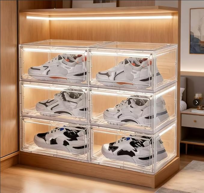 Transparent Plastic Stackable Shoe Storage Box, 6 Pack Side Opening Shoe Box, Suitable For Storing And Displaying Sneakers 13'' x 11.2‘ x 7.5’ (Transparent Colour)