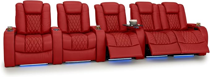 Seatcraft Diamante Zero-Gravity CoolZero Italian Leather Home Theater Seating, Power Headrest, Power Recline, Row of 5 Right Loveseat, Red