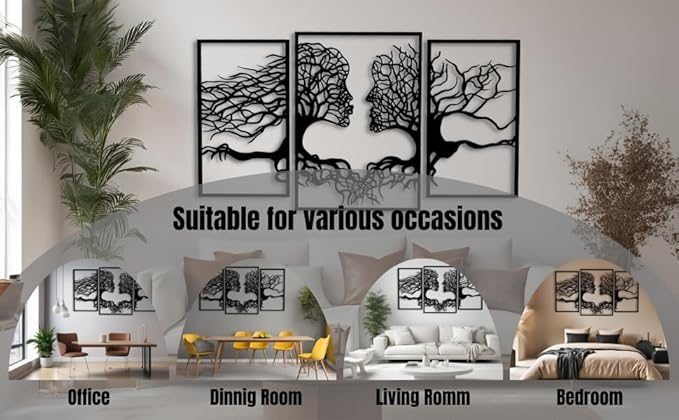 VAILLA Tree of Life Wall Wooden Art Abstract Tree Man Woman Face Large 3D Wooden Wall Decor Set of 3 Hanging Sculpture Modern Home Decoration 3D Textured Sculptures for Living Room Bedroom Office Dinnig Room (59"L x 35"W)