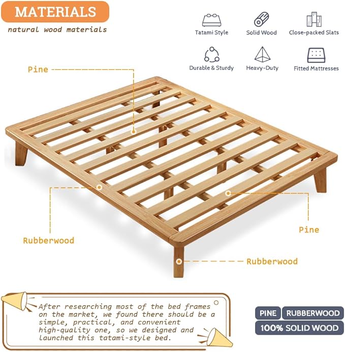 Queen Platform Bed Base - 14 Inch Solid Wood Mattress Foundation with Support Slats and Legs, Queen-Size Rubberwood Simple Bed Frame