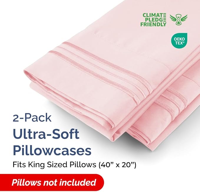 King Pillow Cases Set of 2 - Ultra Soft Hotel Quality Pillowcase Covers - Comfy, Cozy & Wrinkle Free - Shrinkage, Stain & Fade Resistant - Machine Washable Pillow Protectors - 2 Piece Set - Baby Pink