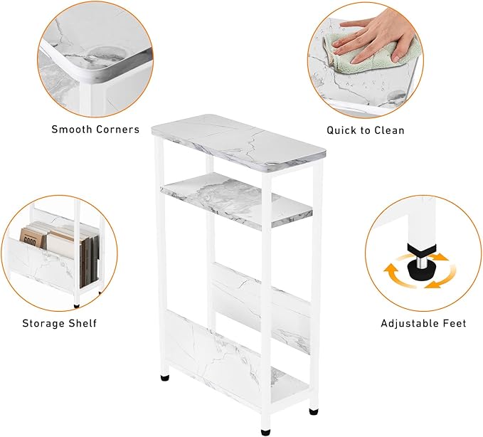 THUMEYE 7.1" Narrow Side Table for Small Spaces, 3 Tier Small End Table with Magazine Holder, Slim/Skinny Nightstand/Bedside Table, 15.4" L x 24.2" H, Faux White Marble with White Legs