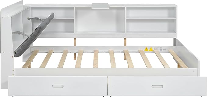 Ball & Cast Full Size Wooden Storage Daybed Frame, Modern Platform Bed with Drawers & Flip Headboard & Shelves, L Shaped Full Floor-Bed w/Upholstered Headboard&Storage, No Box Spring Needed, White