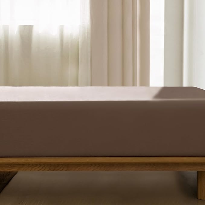 MooMee Fitted Bottom Sheet Only 100% Washed Cotton Linen Like Textured Breathable Durable Soft Comfy Deep Pocket Fits Mattress up to 17" (Brown, Queen)
