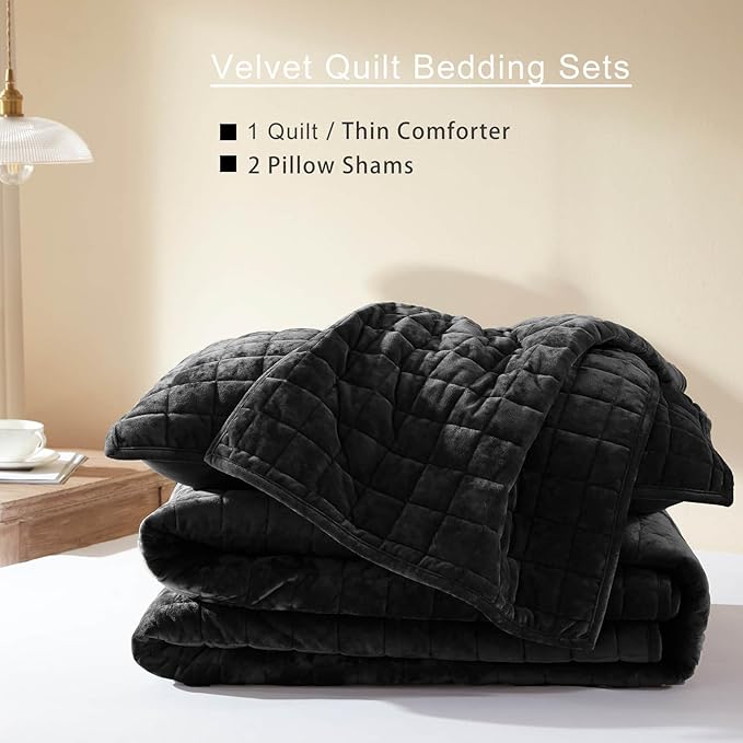 LEAONME Velvet Quilt California King-118''x106'', Lightweight Black Velvet Comforter Set with 2 Pillow Shams, Soft Oversized Bedspread Coverlet Quilted Bedding Set for All Season