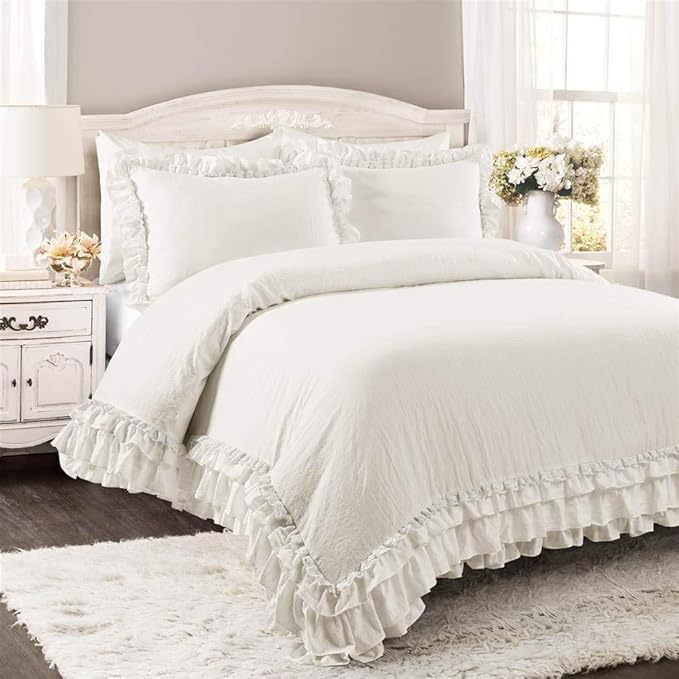 Lush Decor Ella Ruffle Lace Comforter, 2 Piece Set, Twin, Ivory - Cute Comforter - Twin Bedding Set - White Bedding - Coquette Decor - White Lace Trim - Ruffle Trim
