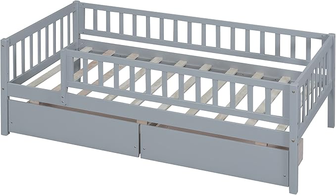 Bellemave Twin Bed Frames with Rails for Kids, Twin daybed Frame with Drawers for Boys/Girls/Adults，Gray