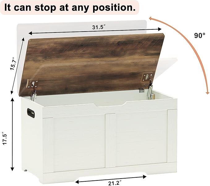 Timberer 31.5" Storage Chest, Wooden Storage Bench, Lift Top Toy Chest with 2 Safety Hinges, Large Toy Box, Entryway Shoes Bench for Living Room, Bedroom, Brown and Rustic White