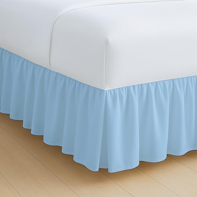 Rajlinen Ruffled Bed Skirt Queen, 16 Inch Drop Dust Ruffle with Split Corners, 100% Microfiber Bedskirt with Platform, Three-Sided Coverage Ruffled Gathering Design, Light Blue