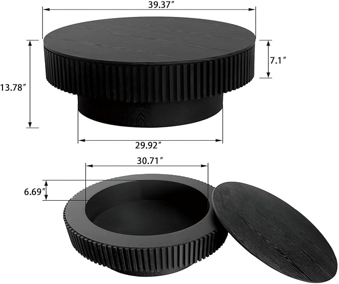 LKTART Round Coffee Table for Living Room, Accent Fluted Drum Coffee Table with Storage, Modern Solid Wood Veneered Circle Center Tea Table for Small Space Apartment (39.4''D×14''H-Black)