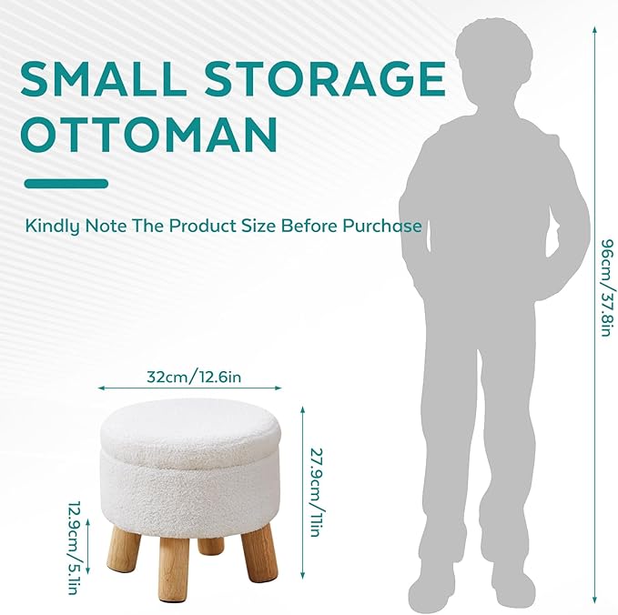 FIMIVIBI Small Ottoman with Storage, Small Storage Ottoman Round, Sherpa Foot Stool with Legs, Ottomans and Footstools for Living Room and Entryway (White)