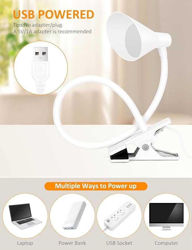 Clip on Light USB Reading Light, Eye Care Dimmable Reading Lamp Flexible Goose Neck Clip on Lamp for Bed Headboard Desk Bedside Dorm - White