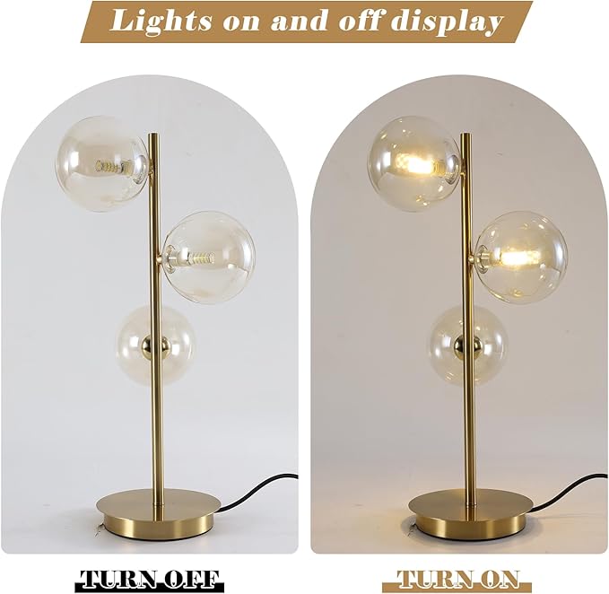 Gold Globe Bedside Lamp, 3 Lights Mid Century Modern Table Lamp, Contemporary Cognac Glass Globe Readin Lamp for Bedroom Living Room Study Room
