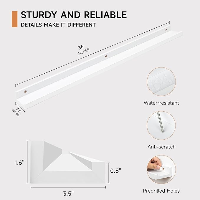 Fun Memories Picture Ledge Shelf for Wall, Floating Shelves Set of 4, 36 Inch Long Nursery Book Shelves for Toys Storage, Kids Bookshelf Wall Mounted for Books Photo Frames, White