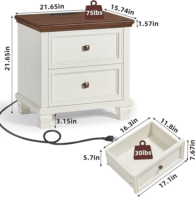 Farmhouse Nightstand Set of 2, Rustic Low Nightstands with 2 Drawers & Charging Station, Vintage Night Stands with 4 Square Solid Wood Legs, Small Dresser for Bedroom, Home, White