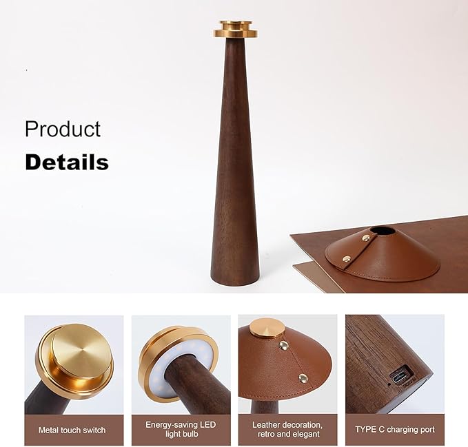 Battery Operated LED Table Lamps, 2000mAh Cordless Desk Lamp with 3 Level Brightness Touch Control Night Light for Nursery,Bedroom,Dining Room(Walnut Wood)