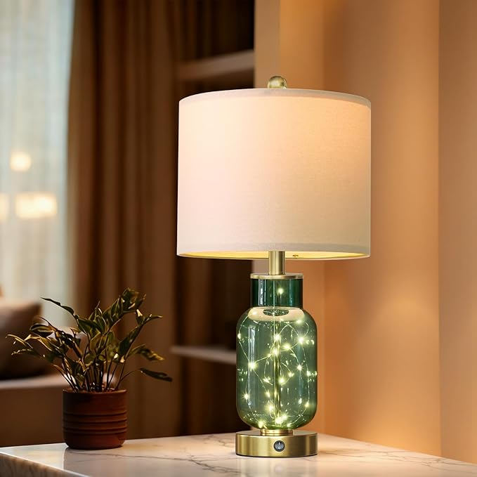 Oneach 22" Glass Table Lamps Set of 2, Green Modern Bedside Lamp with LED Night Light for Living Room, Nightstand Lamp with USB Ports for Bedrooms, Study Room, End Table(2 Bulbs Included)