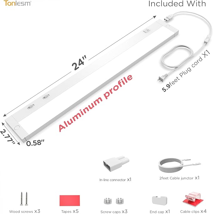 24 Inch Under Cabinet Lighting Plug in, 14W 120V 3 Color 3000K/4000K/5000K, 3 Brightness, Super Bright, Ultra Thin Under Counter Lights for Kitchen, Linkable LED Cabinet Light, White