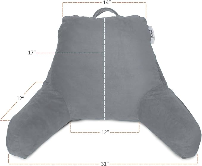 Nestl Reading Pillow with Shredded Memory Foam, Designed for Sitting Up in Bed and Couch, Back and Arms Adjustable Support for Adult & Teens Backrest Pillows for Reading, with Washable Cover Grey