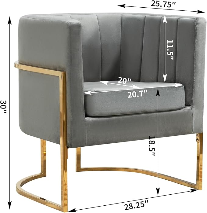 Velvet Modern Accent Chairs Set of 2, Upholstered Barrel Armchair Mid Century with Pillow for Living Room, Comfy Single Vanity Chair with Metal Gold Legs for Bedroom, Grey