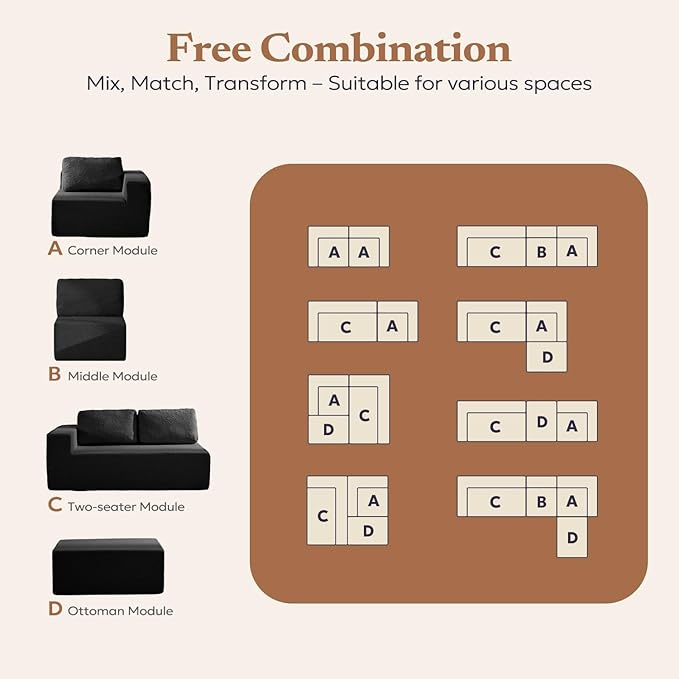 67" Loveseat Sofa, Cloud Modular Couch, Upholstered Floor Sofa with Deep Seat, Upholstered Foam Sofa for Bedroom Living Room, No Assembly Required (Black, Teddy Boucle)