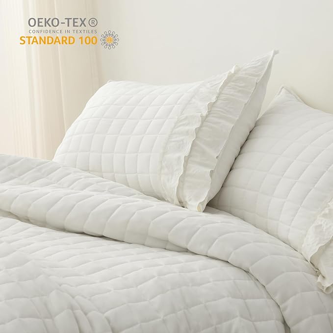 HORIMOTE HOME Ivory Ruffled Quilt Set King Size, Classic Geometric Square Stitched Pattern, Pre-Washed Farmhouse Shabby Chic Microfiber Lightweight Bedding Set Bedspread Coverlet for All Season