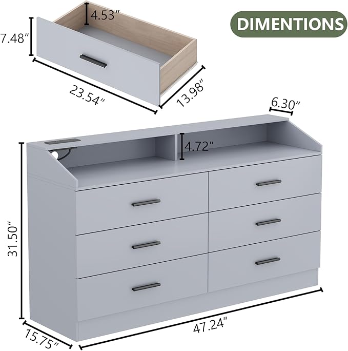 6 Drawer Dresser with Power Outlet, Chest of Drawer with LED Light, Modern Dresser with Open Storage Cubby, Double Wide Dressers Organizer for Bedroom, Living Room, Entryway, Hallway (Grey, 6 Drawers)