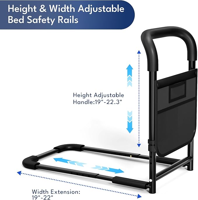 HOMEAL Bed Rails for Elderly Adults Safety - Adjustable Bedside Assist Rails for Seniors, Adult Bed Cane with Non-Slip Handle, Motion Light & Fixing Strap, Fit Standard & Adjustable Bed (Black)
