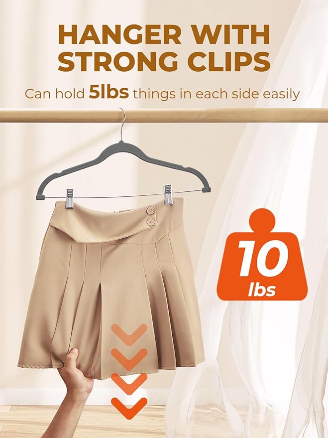 HOUSE DAY Velvet Skirt Hangers 12 Pack, Gray Velvet Pant Hangers with Adjustable Clips, Space Saving Slim Shorts Hanger, Heavy Duty Non Slip Clip Hanger for Pants, Skirts, Shorts