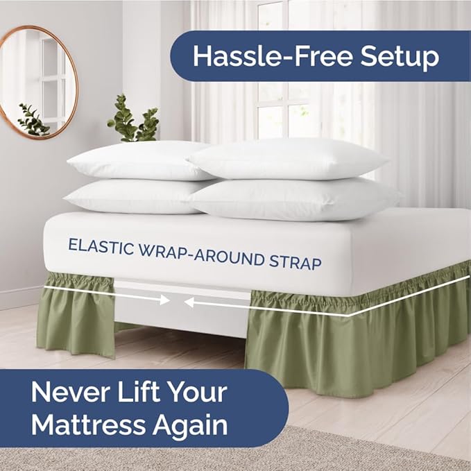 Wrap Around Dust Ruffle Bed Skirt - Sage Green - for King Size Beds with 18 Inch Drop - Elastic Strap - Adjustable Pleated Bedskirt with Brushed Fabric and Wrinkle Free - for Women, Men, Kids & Teens