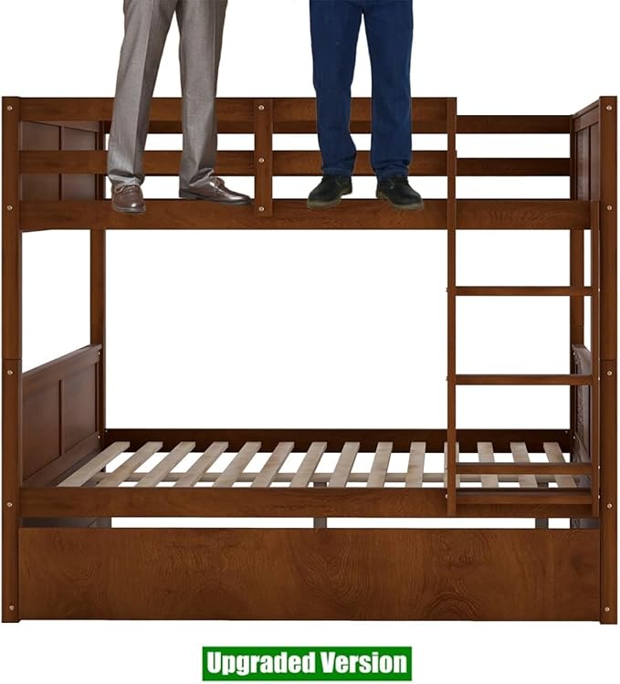 TSAMPA Latest Upgraded & Stronger Heavy Duty Solid Wood Full Over Full Bunk Bed with Trundle, Thickened Safer Convertible Bunkbed Frame (Easier to Assemble) (Walnut)