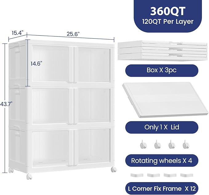 90GAL Large Stackable Storage Bins with Lid and Wheels, 360Qt Collapsible Organizer Cabinet with Clear Door, for Closet, Bedroom, Kitchen, Garage, 3-Pack White