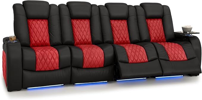 Seatcraft Diamante Zero-Gravity CoolZero Italian Leather Home Theater Seating, Power Headrest, Power Recline, Row of 4 Sofa, Black/Red