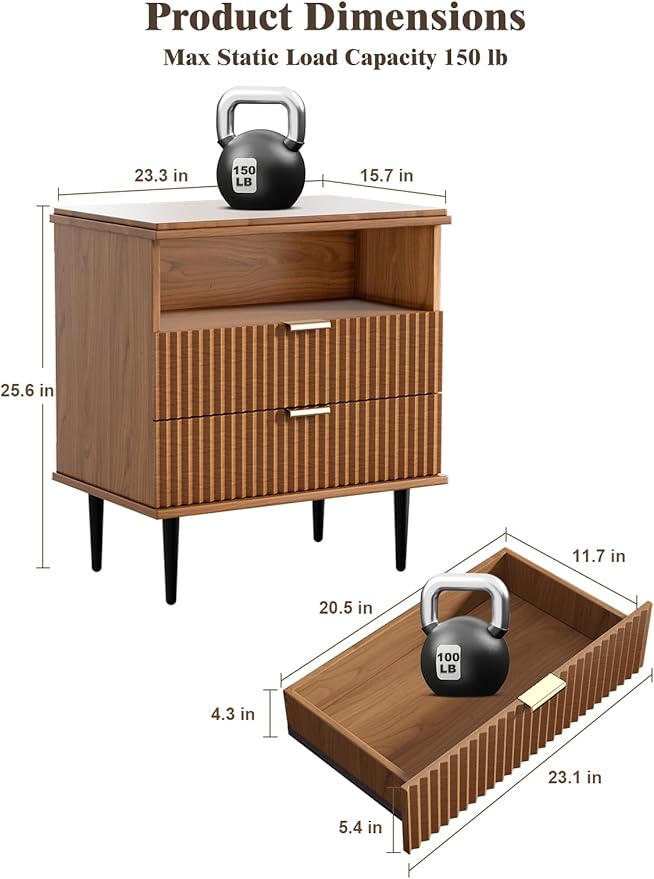 Nightstand with Charging Station, Wide Fluted Nightstand, Wood for Bedroom, Black Dresser with Storage Drawers, Bedside Table with Metal Handle & Leg (Walnut Set of 2, 23.3)