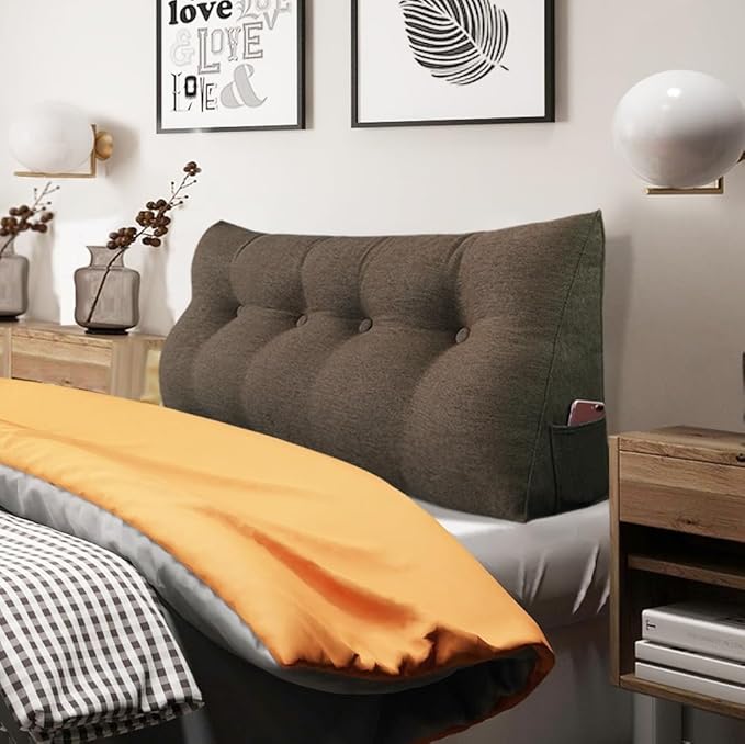 homecozy Wedge Headboard Pillow Dorm Room Reading Pillow Back Support for Sitting Up in Bed Bolster Lumbar Cushion Body Positioning Bedrest Cotton Linen 54in Coffee Full