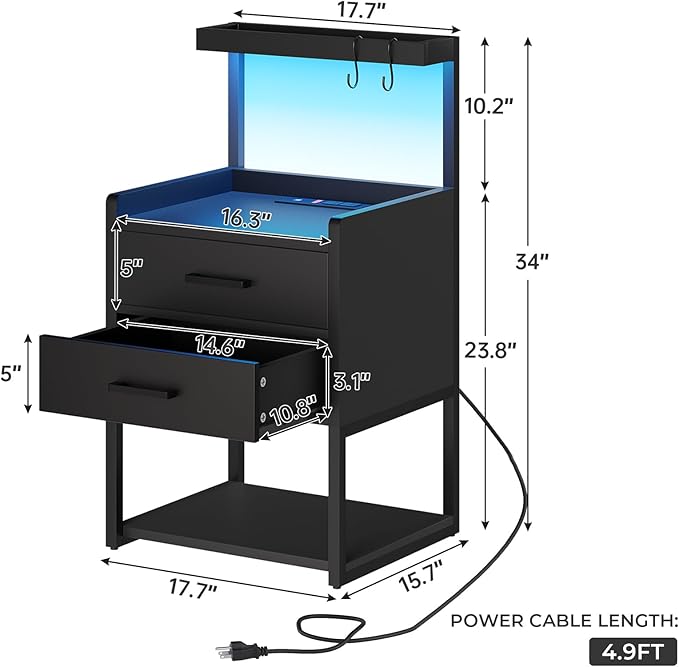 VIAGDO Nightstands Set of 2 with Charging Station, LED Night Stand with 2 Drawers, Black Modern Bedside Tables with Open Storage Shelves, End Side Tables for Bedroom, Office