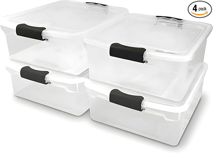 HOMZ 4-Pack 15.5 Quart Latching Lid, Clear Plastic Storage Organizer Bins, Gray – Stackable Containers for Home & Office Shelves, Kitchen, Garage, and Bathroom Organization