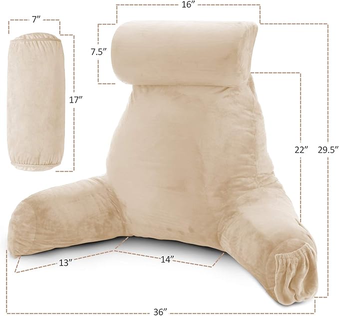Nestl Reading Pillow with Shredded Memory Foam Includes 2 Neck and Lumber Support Pillows, Designed for Sitting Up in Bed and Couch, Back and Arms Adjustable Support for Adult & Teens, Beige Cream