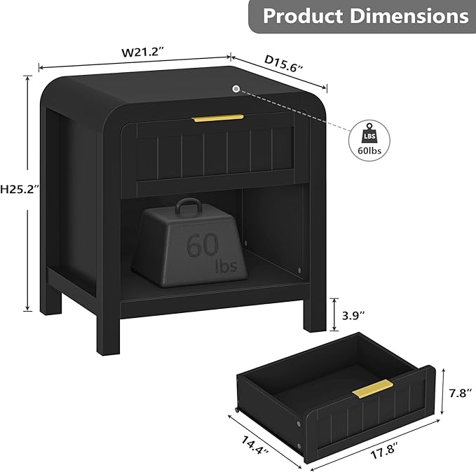 IKENO Wood Nightstand with Storage Drawer, 21" Wide Night Stand with Curved Profile Design, Bedside End Table for Bedroom, Living Room, Closet (1, Black, 1 Drawer)