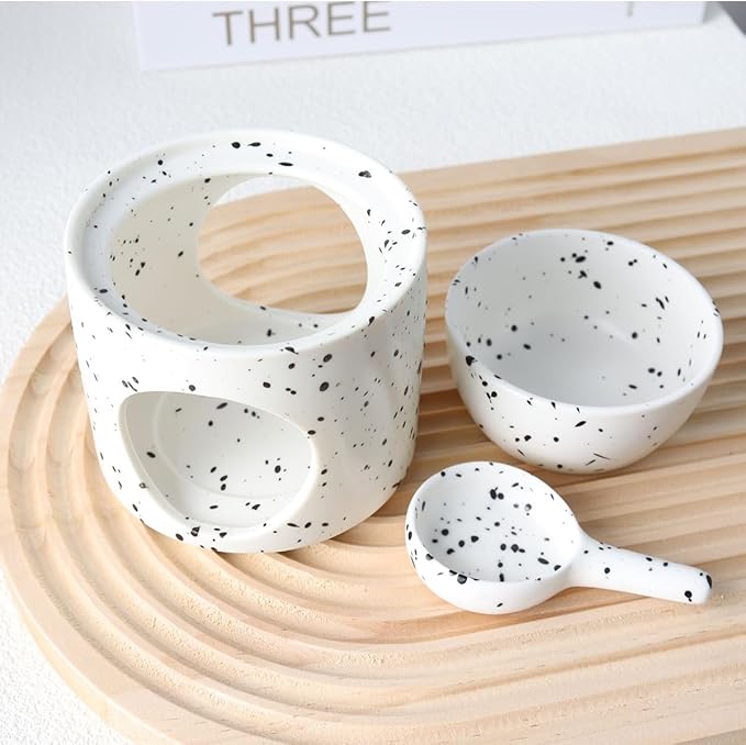 Ceramic Fragrance lamp with Tea Light Holder | Aroma lamp | Scented Oil and Scented Wax Diffuser | H*11cm ø10cm Removable Bowl | Grooved Surface (Inkblot)