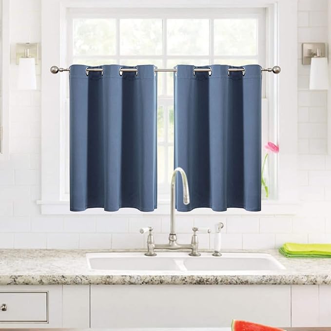 ChrisDowa Small Window Curtains for Kitchen and Bedroom - Grommet Short Thermal Insulated Room Darkening Curtains (2 Panels, Stone Blue, 36 x 24 Inch)