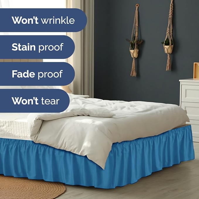 Wrap Around Dust Ruffle Bed Skirt - Denim Blue - for Queen Size Beds with 15 Inch Drop - Elastic Strap - Adjustable Pleated Bedskirt with Brushed Fabric and Wrinkle Free - For Women, Men, Kids & Teens