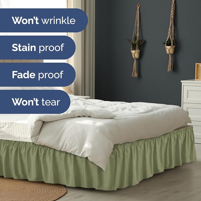Wrap Around Dust Ruffle Bed Skirt - Sage Green - for King Size Beds with 15 Inch Drop - Elastic Strap - Adjustable Pleated Bedskirt with Brushed Fabric and Wrinkle Free - for Women, Men, Kids & Teens