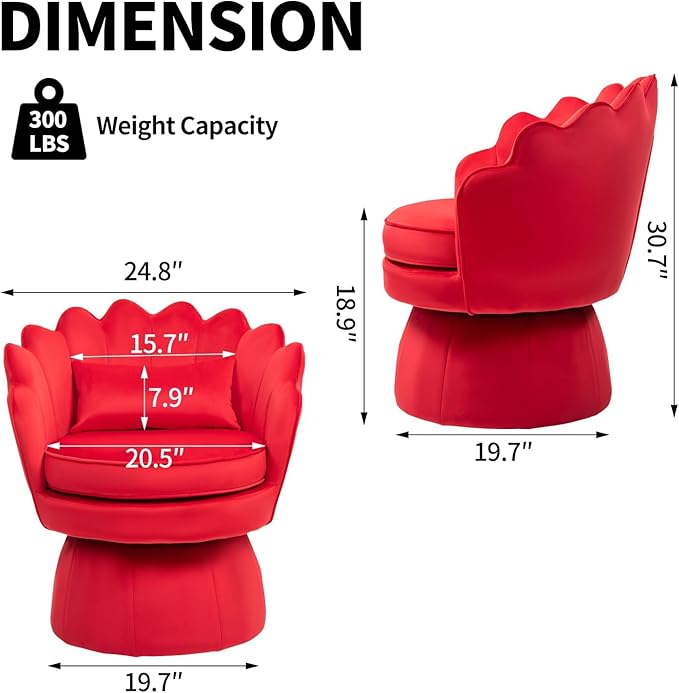 Swivel Accent Chairs Set of 2, 360° Mid-Century Modern Velvet Barrel Chair, Comfy Shell Shape Arm Chair with Lumbar Pillow for Living Room, Bedroom, Office, Rose Red (Red, Set of 2 Swivel chair)